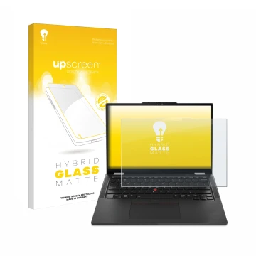 Face avant d’un emballage produit avec le logo de la marque upscreen. À côté, l’appareil Lenovo ThinkPad X13 2-in-1 Gen 5 est 