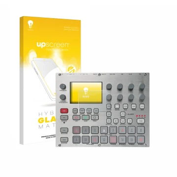 Face avant d’un emballage produit avec le logo de la marque upscreen. À côté, l’appareil Elektron Syntakt E25 Remix Edition es