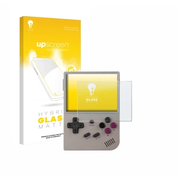 Face avant d’un emballage produit avec le logo de la marque upscreen. À côté, l’appareil Anbernic RG35XX Plus est représenté a
