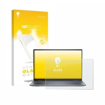 Face avant d’un emballage produit avec le logo de la marque upscreen. À côté, l’appareil Dell Latitude 9450 2-in-1 est représe