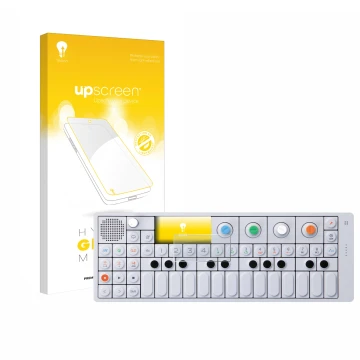 Face avant d’un emballage produit avec le logo de la marque upscreen. À côté, l’appareil Teenage Engineering OP-1 Sampler & Co