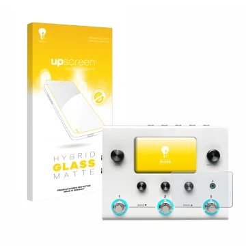 Face avant d’un emballage produit avec le logo de la marque upscreen. À côté, l’appareil Hotone Ampero II Stomp est représenté