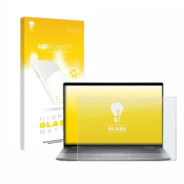 Face avant d’un emballage produit avec le logo de la marque upscreen. À côté, l’appareil Dell Latitude 7450 2-in-1 est représe