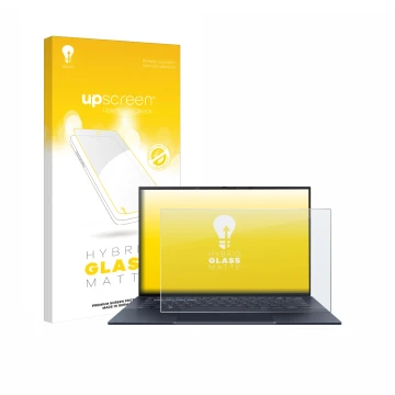 Face avant d’un emballage produit avec le logo de la marque upscreen. À côté, l’appareil ASUS ExpertBook B9 B9403 est représen