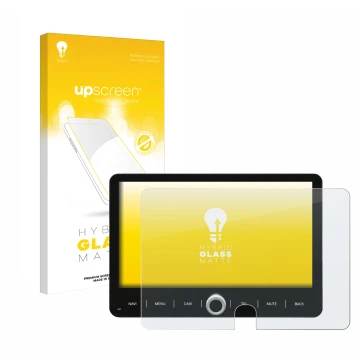 Face avant d’un emballage produit avec le logo de la marque upscreen. À côté, l’appareil Dynavin D9-T5TP est représenté avec l