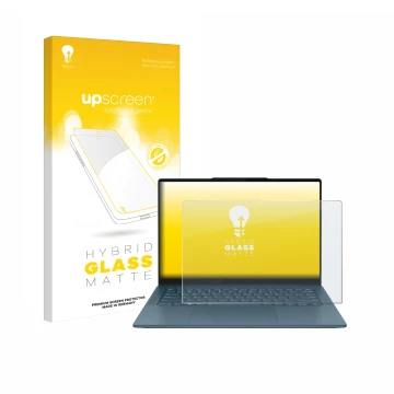 Face avant d’un emballage produit avec le logo de la marque upscreen. À côté, l’appareil Lenovo Yoga Pro 7 Gen 9 14