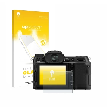 Face avant d’un emballage produit avec le logo de la marque upscreen. À côté, l’appareil Fujifilm GFX100S II est représenté av