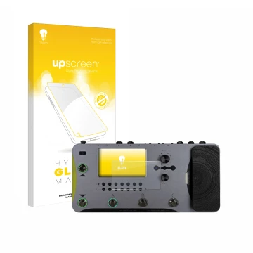 Face avant d’un emballage produit avec le logo de la marque upscreen. À côté, l’appareil Mooer GE1000 est représenté avec la p
