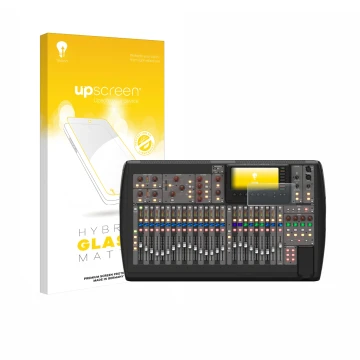 Face avant d’un emballage produit avec le logo de la marque upscreen. À côté, l’appareil Behringer X32 est représenté avec la 