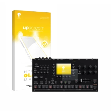 Face avant d’un emballage produit avec le logo de la marque upscreen. À côté, l’appareil Elektron Octatrack MKII est représent