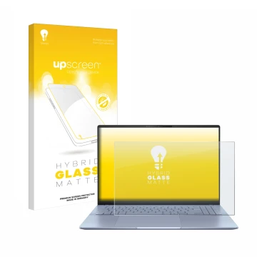 Face avant d’un emballage produit avec le logo de la marque upscreen. À côté, l’appareil ASUS Vivobook S16 OLED S5606 est repr