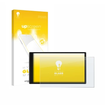 Face avant d’un emballage produit avec le logo de la marque upscreen. À côté, l’appareil Garmin CamperVan est représenté avec 