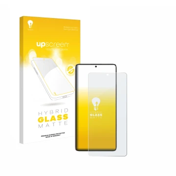 Face avant d’un emballage produit avec le logo de la marque upscreen. À côté, l’appareil Xiaomi Poco F6 est représenté avec la