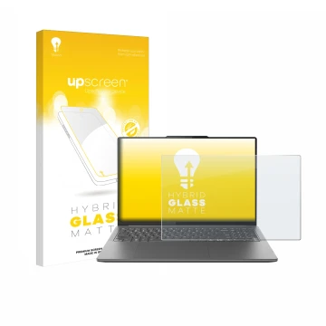 Face avant d’un emballage produit avec le logo de la marque upscreen. À côté, l’appareil Lenovo Yoga Pro 9i Gen 9 16