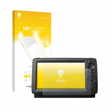 Face avant d’un emballage produit avec le logo de la marque upscreen. À côté, l’appareil Lowrance HOOK Reveal 9 est représenté