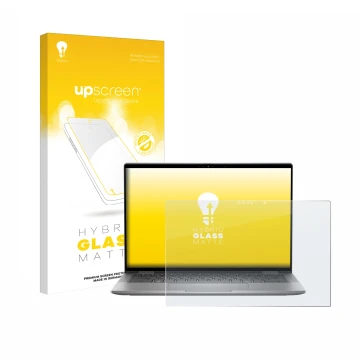 Face avant d’un emballage produit avec le logo de la marque upscreen. À côté, l’appareil Dell Latitude 7350 2-in-1 est représe