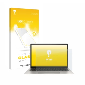 Face avant d’un emballage produit avec le logo de la marque upscreen. À côté, l’appareil ASUS ZenBook S 13 OLED UX5304 est rep