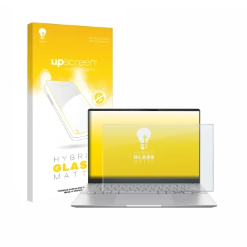 Face avant d’un emballage produit avec le logo de la marque upscreen. À côté, l’appareil ASUS Vivobook S 14 OLED M5406 est rep