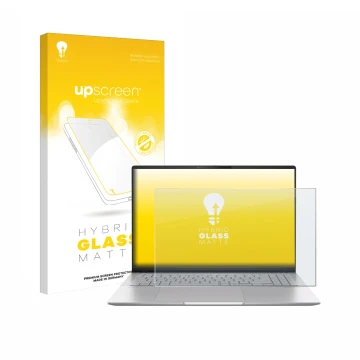 Face avant d’un emballage produit avec le logo de la marque upscreen. À côté, l’appareil ASUS Vivobook S16 OLED M5606 est repr