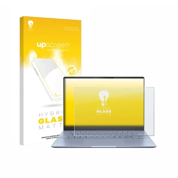 Face avant d’un emballage produit avec le logo de la marque upscreen. À côté, l’appareil ASUS Vivobook S 14 OLED S5406 est rep