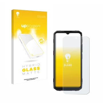 Face avant d’un emballage produit avec le logo de la marque upscreen. À côté, l’appareil Hotwav Cyber 15 est représenté avec l