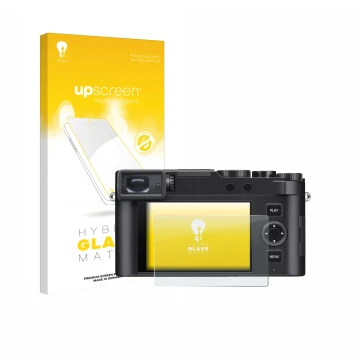 Face avant d’un emballage produit avec le logo de la marque upscreen. À côté, l’appareil Leica D-Lux 8 est représenté avec la 