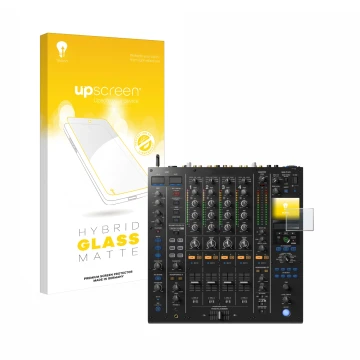 Face avant d’un emballage produit avec le logo de la marque upscreen. À côté, l’appareil Pioneer DJM A9 est représenté avec la