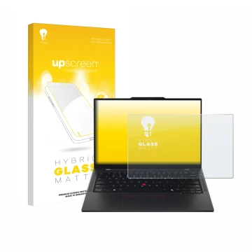 Face avant d’un emballage produit avec le logo de la marque upscreen. À côté, l’appareil Lenovo ThinkPad T14s Gen 6 est représ