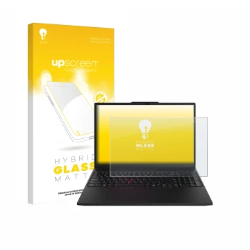 Face avant d’un emballage produit avec le logo de la marque upscreen. À côté, l’appareil Lenovo ThinkPad P16s Gen 3 est représ
