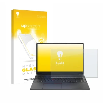 Face avant d’un emballage produit avec le logo de la marque upscreen. À côté, l’appareil Lenovo ThinkPad E16 Gen 2 est représe