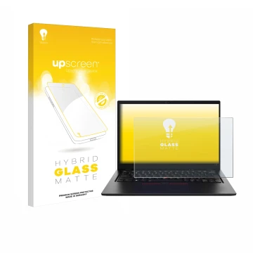 Face avant d’un emballage produit avec le logo de la marque upscreen. À côté, l’appareil Lenovo ThinkPad L13 Gen 5 est représe