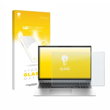 Face avant d’un emballage produit avec le logo de la marque upscreen. À côté, l’appareil HP EliteBook 845 G11 est représenté a