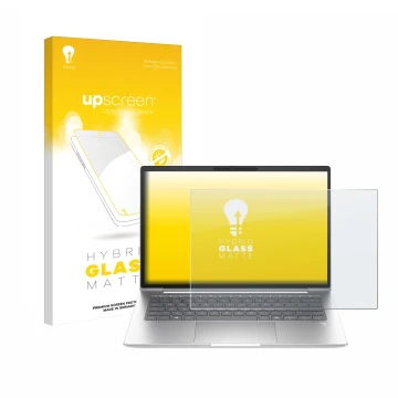 Face avant d’un emballage produit avec le logo de la marque upscreen. À côté, l’appareil HP EliteBook 645 G11 est représenté a