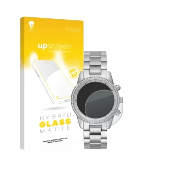 Face avant d’un emballage produit avec le logo de la marque upscreen. À côté, l’appareil Michael Kors Ritz MK6428 est représen