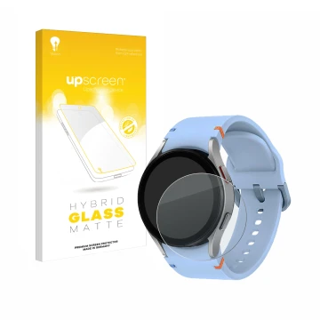 Face avant d’un emballage produit avec le logo de la marque upscreen. À côté, l’appareil Samsung Galaxy Watch FE est représent
