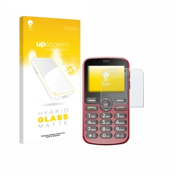 Face avant d’un emballage produit avec le logo de la marque upscreen. À côté, l’appareil Doro 1880 est représenté avec la prot