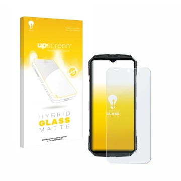 Face avant d’un emballage produit avec le logo de la marque upscreen. À côté, l’appareil Doogee S118 est représenté avec la pr