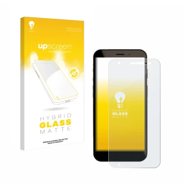 Face avant d’un emballage produit avec le logo de la marque upscreen. À côté, l’appareil Datalogic Memor 30 / 35 est représent