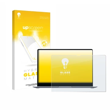 Face avant d’un emballage produit avec le logo de la marque upscreen. À côté, l’appareil Samsung Galaxy Book4 Edge 14