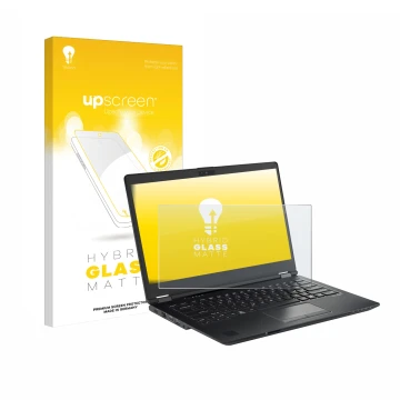 Face avant d’un emballage produit avec le logo de la marque upscreen. À côté, l’appareil Fujitsu Lifebook U7410 est représenté