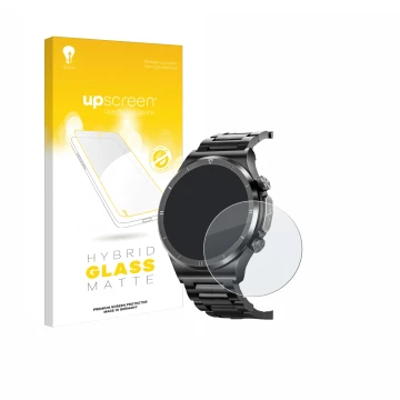 Face avant d’un emballage produit avec le logo de la marque upscreen. À côté, l’appareil Powerwill Smartwatch 1.39