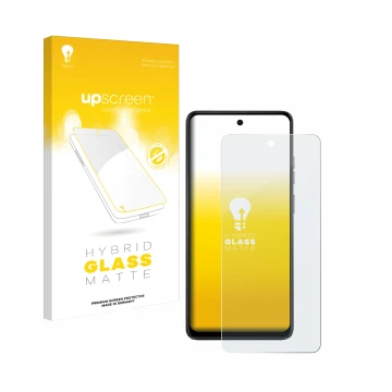 Face avant d’un emballage produit avec le logo de la marque upscreen. À côté, l’appareil Motorola Moto E14 est représenté avec