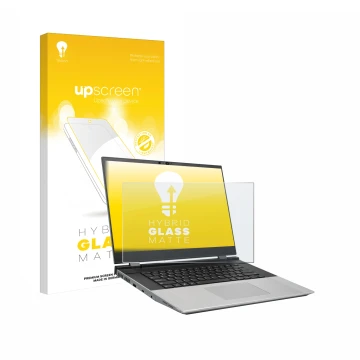 Face avant d’un emballage produit avec le logo de la marque upscreen. À côté, l’appareil Framework Laptop 16 est représenté av