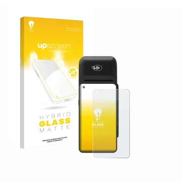 Face avant d’un emballage produit avec le logo de la marque upscreen. À côté, l’appareil Verifone T650c est représenté avec la