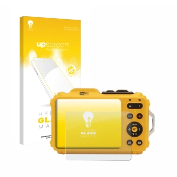 Face avant d’un emballage produit avec le logo de la marque upscreen. À côté, l’appareil Kodak Pixpro WPZ2 est représenté avec