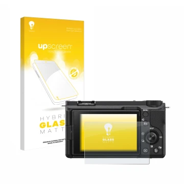 Face avant d’un emballage produit avec le logo de la marque upscreen. À côté, l’appareil Sony Alpha ZV-E10 II est représenté a