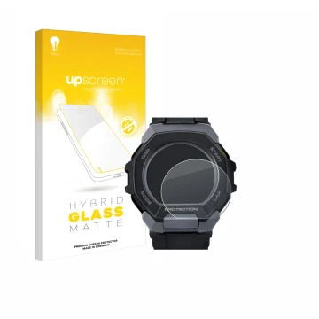 Face avant d’un emballage produit avec le logo de la marque upscreen. À côté, l’appareil Casio G-Shock G-Squad GBD-300 est rep