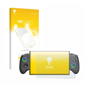 Face avant d’un emballage produit avec le logo de la marque upscreen. À côté, l’appareil OneXPlayer X1 Mini est représenté ave