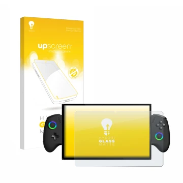 Face avant d’un emballage produit avec le logo de la marque upscreen. À côté, l’appareil OneXPlayer X1 est représenté avec la 