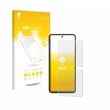 Face avant d’un emballage produit avec le logo de la marque upscreen. À côté, l’appareil Nubia Flip 5G est représenté avec la 